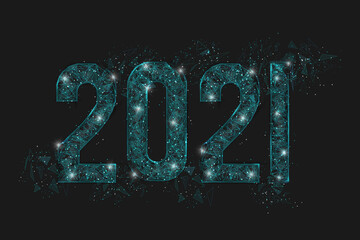Abstract isolated blue image of new year number 2021. Polygonal low poly wireframe illustration looks like stars in the blask night sky in spase or flying glass shards. Digital web, internet design. © Katsiaryna