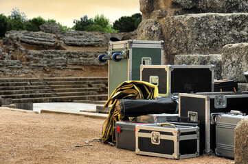 concert equipment storage boxes on stage on open air