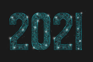 Abstract isolated blue image of new year number 2021. Polygonal low poly wireframe illustration looks like stars in the blask night sky in spase or flying glass shards. Digital web, internet design. © Katsiaryna