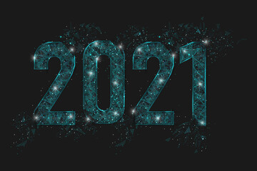 Abstract isolated blue image of new year number 2021. Polygonal low poly wireframe illustration looks like stars in the blask night sky in spase or flying glass shards. Digital web, internet design. © Katsiaryna