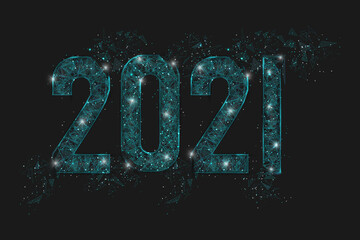 Abstract isolated blue image of new year number 2021. Polygonal low poly wireframe illustration looks like stars in the blask night sky in spase or flying glass shards. Digital web, internet design. © Katsiaryna