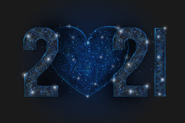 Abstract isolated blue image of new year number 2021. Polygonal low poly wireframe illustration looks like stars in the blask night sky in spase or flying glass shards. Digital web, internet design. © Katsiaryna