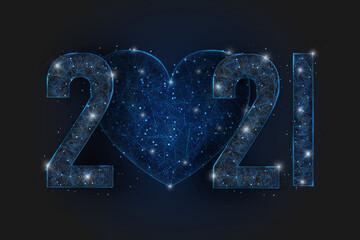 Abstract isolated blue image of new year number 2021. Polygonal low poly wireframe illustration looks like stars in the blask night sky in spase or flying glass shards. Digital web, internet design. © Katsiaryna