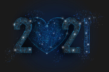 Abstract isolated blue image of new year number 2021. Polygonal low poly wireframe illustration looks like stars in the blask night sky in spase or flying glass shards. Digital web, internet design. © Katsiaryna
