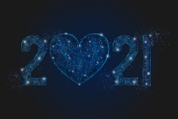 Abstract isolated blue image of new year number 2021. Polygonal low poly wireframe illustration looks like stars in the blask night sky in spase or flying glass shards. Digital web, internet design. © Katsiaryna