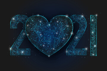 Abstract isolated blue image of new year number 2021. Polygonal low poly wireframe illustration looks like stars in the blask night sky in spase or flying glass shards. Digital web, internet design. © Katsiaryna