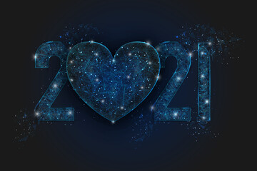 Abstract isolated blue image of new year number 2021. Polygonal low poly wireframe illustration looks like stars in the blask night sky in spase or flying glass shards. Digital web, internet design. © Katsiaryna