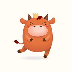 2021 Chinese New Year vector illustration of a cute little ox in a crown, isolated on white. Hand drawn cartoon clipart. Design concept for zodiac sign, holiday card, banner, poster, decor element.