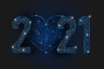 Abstract isolated blue image of new year number 2021. Polygonal low poly wireframe illustration looks like stars in the blask night sky in spase or flying glass shards. Digital web, internet design. © Katsiaryna