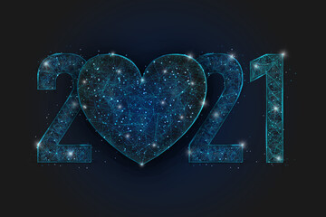 Abstract isolated blue image of new year number 2021. Polygonal low poly wireframe illustration looks like stars in the blask night sky in spase or flying glass shards. Digital web, internet design. © Katsiaryna
