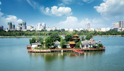 The architectural landscape and beautiful scenery of Dongchang Lake in Liaocheng, Shandong