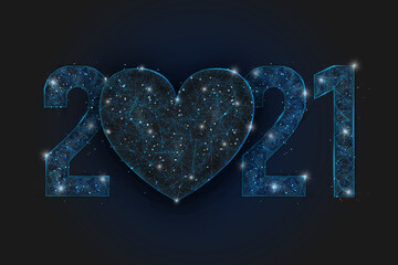 Abstract isolated blue image of new year number 2021. Polygonal low poly wireframe illustration looks like stars in the blask night sky in spase or flying glass shards. Digital web, internet design. © Katsiaryna