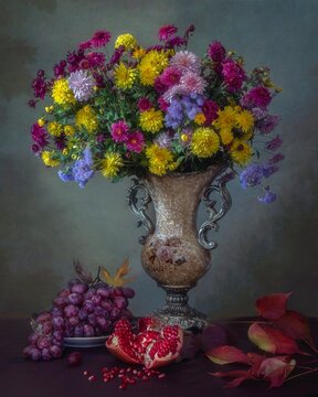 Still life with splendid bouquet  of chrysanthemums and bunch of grapes
