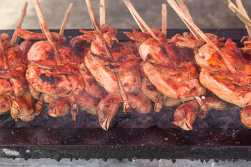 Roast or Grilled Chicken Thai Style, Barbecue Chicken. Grilled chicken on the stove in thai street food style. Grilled Chicken on charcoal grill with smoke