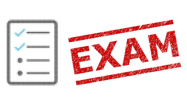 Checklist page halftone dotted illustration and Exam dirty stamp seal. Stamp seal includes Exam tag between parallel lines.