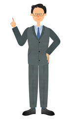 指差しをするスーツ姿のメガネの男性