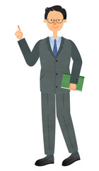 書類を持って指差しをするスーツ姿のメガネの男性