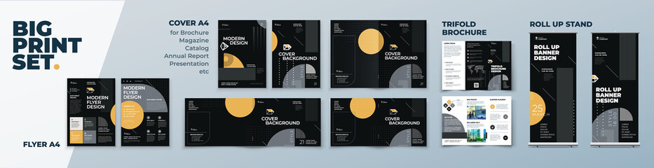 Corporate Identity Print Template Set of Brochure cover, flyer, tri fold, report, catalog, roll up banner. Branding design. Business stationery background design collection.