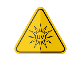 isolated  UV; ultraviolet radiation, common hazards symbols on yellow round triangle board warning sign for icon, label, logo or package industry etc. flat paperwork style vector design.