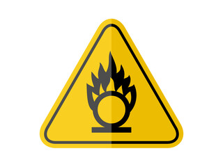 isolated oxidising agent, common hazards symbols on yellow round triangle board warning sign for icon, label, logo or package industry etc. flat paperwork style vector design. 