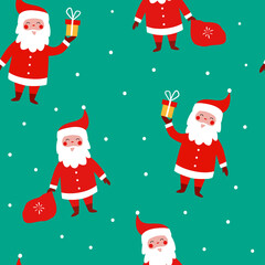 Christmas seamless pattern with funny Santa Claus with a bag of gifts, snowflakes on a green background. Vector Christmas illustration. Background for gift wrapping or fabric design.