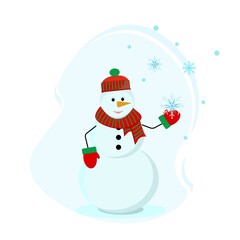 
Snowman holding a snowflake in his hand. Winter, a cute snowman in a hat and mittens catches snowflakes, snowfall. Vector illustration in flat style.