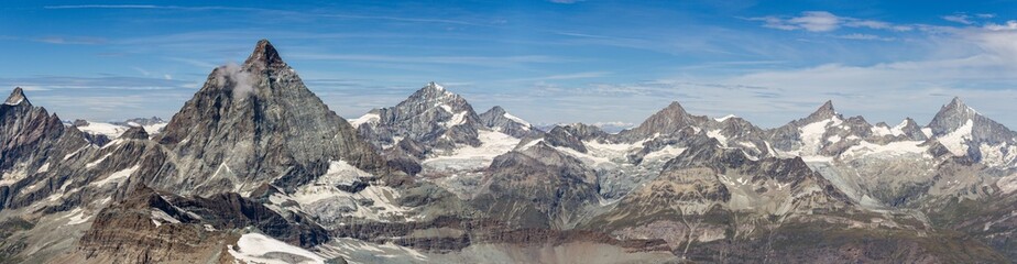 Fototapeta na wymiar Panorama of mountains at Matterhorn glacier paradise (Klein Matterhorn), swiss alps, Switzerland, with Matterhorn and glaciers