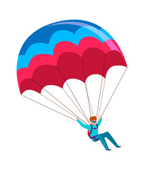 Skydiver. Man jump with parachute. Active lifestyle hobby, extreme professional parachuting sport, speed falling in sky male cartoon colorful character isolated on white background