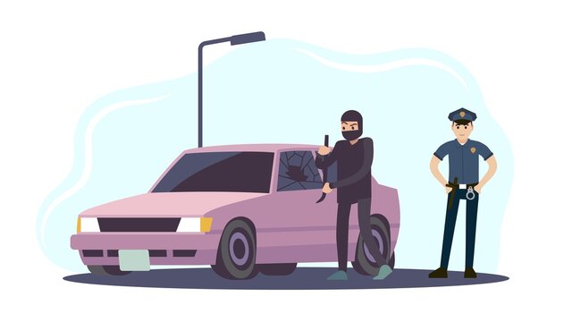 Theft of car. Thieves man take apart car and policeman, criminal steals auto crime damage destruction of another property, security system concept cartoon flat vector illustration