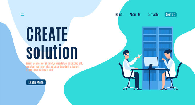 Create solution landing page, man and woman in uniform working on computers teamwork presentation idea, analysis strategy and planning system, mobile app or web banner vector flat template