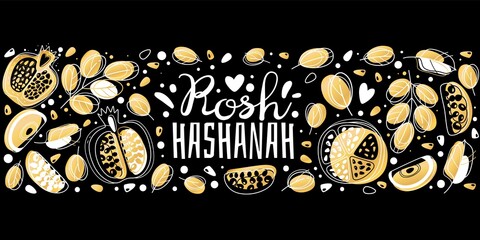 Jewish new year. Rosh hashanah, shana tova israel holiday greeting card with tradition symbols apple and pomegranate, vector flat yellow horizontal banner isolated on black background