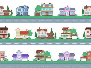 Houses on road. Home facades, cottage or suburban townhouse, front view house with garage and terrace, architecture real estate design, cartoon seamless flat vector pattern and borders