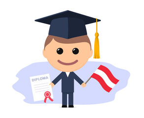 Cartoon graduate with graduation cap holding diploma and flag of Austria