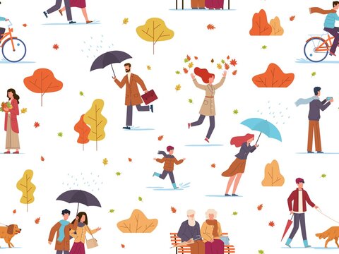 Autumn people seamless pattern. Guys and kid with umbrellas walk public park, take photo and play fall leaves, texture for wallpaper, fabrics and wrapping vector illustration on white