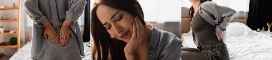 Fototapeta premium collage of brunette woman suffering from toothache and back pain at home