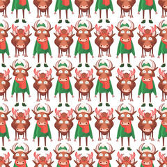 Seamless pattern for Happy Chinese new year 2021 - funny bulls. Vector illustration. Great for wrapping paper, textile, wrapping paper.