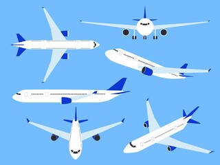 Aircraft. Airplane top, side and front view, fast transport charter. Cargo airlines with wing, commercial journey aviation passenger plane flat vector set isolated on blue background