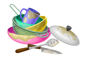 Dirty Utensils and Dishes Piled for Washing Up Vector Illustration
