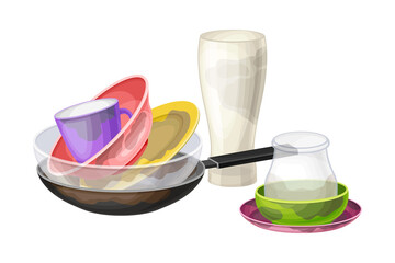 Dirty Utensils and Dishes Piled for Washing Up Vector Illustration
