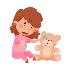 Obraz na płótnie Canvas Careful Little Girl in Medical Wear Treating Teddy Bear Vector Illustration
