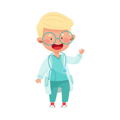 Smiling Boy in Medical Wear Standing and Waving Hand Vector Illustration