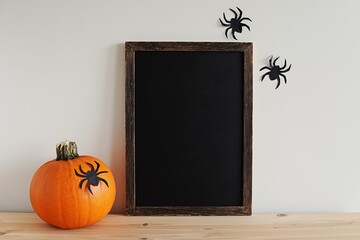 Halloween wooden blackboard mockup, empty wooden farmhouse sign for design, vertical frame mockup,...