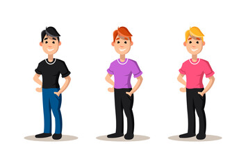 Obraz premium Young man full height with different facial expressions set vector illustration isolated