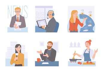 A set of vector flat cartoon illustrations of mass media.