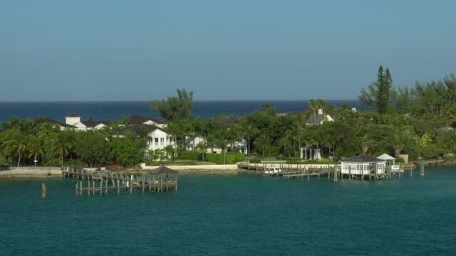 View of the beautiful Paradise Island from the cruise ship. Static shot.