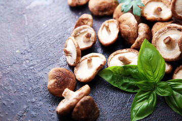 Raw wild shiitake mushrooms. Composition with wild mushrooms