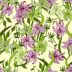 Seamless pattern of flowers and leaves on a light background. Colorful composition. Doodle style