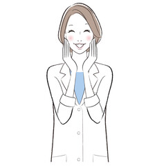 A happy woman doctor smiling touching her face