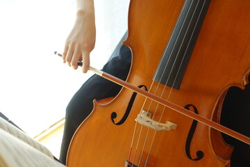 チェロを弾く女性　穏やかな光が射す部屋で　young woman playing the cello © kesuku