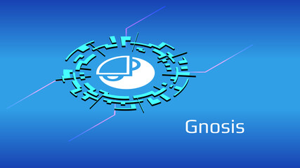 Gnosis GNO isometric token symbol of the DeFi project in digital circle on blue background. Cryptocurrency icon. Decentralized finance programs. Vector EPS10.
